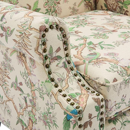 Pia Ricco Set of 2 Floral Accent Chairs, High Back Upholstered Armchairs with Retro Wingback Design, Nailhead Trim & Solid Wood Legs for Living Room Bedroom(Bird Pattern)