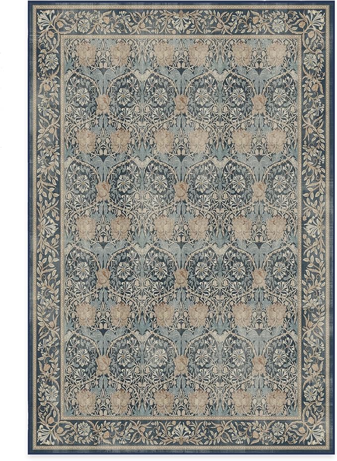 RUGGABLE x Morris & Co Machine Washable Area Rug – Honeysuckle & Tulip Blue 6x9, Stain-Resistant, Non-Slip – Medium Rugs for Living Room, Bedroom, Hallway, Entryway & Office–with Cushioned Pad