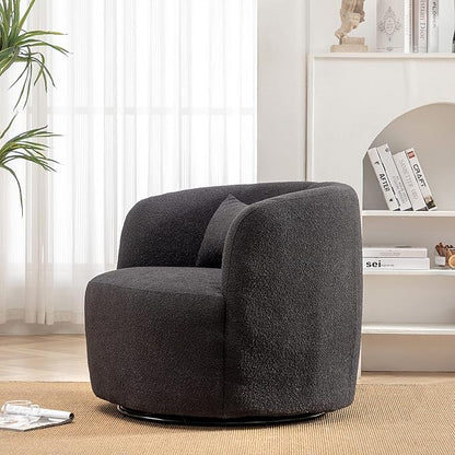 KINWELL 34" Wide Boucle Swivel Barrel Chair, No Assembly Round Upholstered Armchair Accent Chair Single Sofa Chair with Toss Pillow for Living Room and Bedroom, Dark Grey