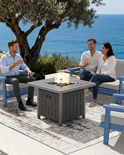 SERWALL Patio Furniture Set with 33” Fire Pit Table, HDPE Outdoor Sectional Sofa Set with Thickened Cushions, Grey Frame with Khaki Cushions