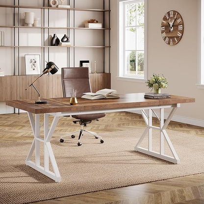 Tribesigns 70.86-Inch Large Executive Desk, Industrial Home Office Computer Desk, Simple Long Writing Study Table Business Furniture (Brown-White)