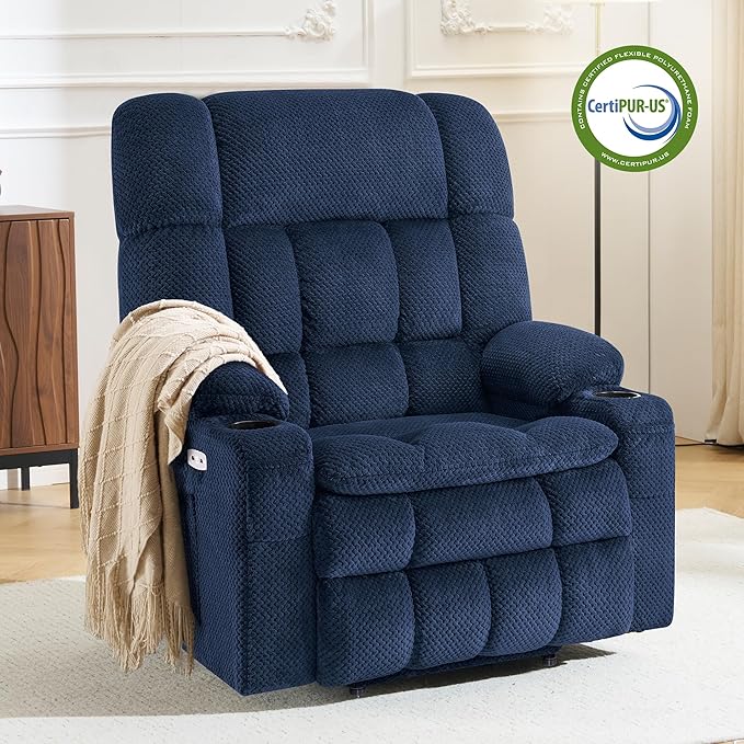 MCombo Oversized Power Lift Recliner Chair for Elderly, Dual Motor Lift Chair with Heat and Massage, Lay Flat Lift Chair for Big and Tall, Cup Holders, Fabric R7891 (Oversize, Navy Blue)