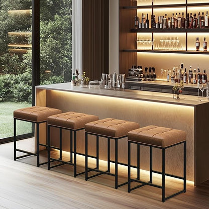 Yaheetech 24" Leather Bar Stools Set of 4, Kitchen Counter Height Bar Chairs Stools, for Kitchen Island, Dining Room, Brown