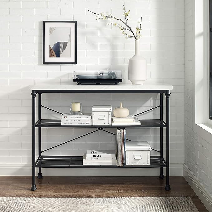 Crosley Furniture Madeleine Sofa Console Table with Storage Shelves for Hall, Entryway, or Living Room, Steel with Faux Marble Top