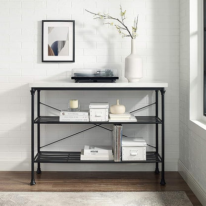 Crosley Furniture Madeleine Sofa Console Table with Storage Shelves for Hall, Entryway, or Living Room, Steel with Faux Marble Top