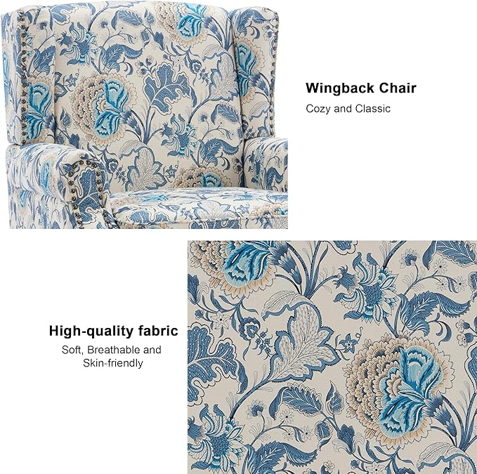 Accent Chair, Upholstered High Back Floral Armchair with Nailhead Trim & Wood Legs, Comfy Wingback Reading Single Sofa Chair for Small Spaces, Living Room, Bedroom-Boho Blue Floral, Set of 1