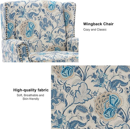 Accent Chair, Upholstered High Back Floral Armchair with Nailhead Trim & Wood Legs, Comfy Wingback Reading Single Sofa Chair for Small Spaces, Living Room, Bedroom-Boho Blue Floral, Set of 1