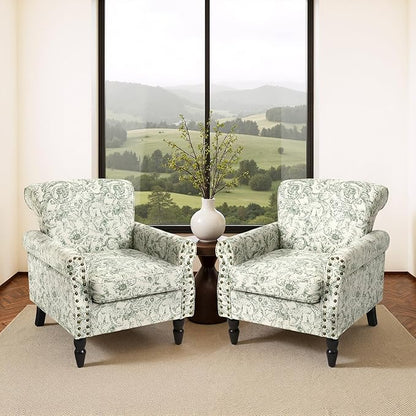 Accent Chair, Upholstered High Back Floral Armchair with Nailhead Trim & Wood Legs, Comfy Wingback Reading Single Sofa Chair for Small Spaces, Living Room, Bedroom (Rococo Green, Set of 1)