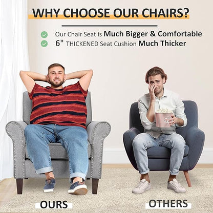 PrimeZone Comfy Accent Chair Set of 2, Mid-Century Modern Fabric Living Room Chair Reading Chair with Soft Cushion, Nailhead Trim & Rolled Armrest, Arm Chair Sofa Chair for Bedroom Waiting Room,Grey