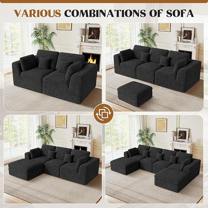 144" Cloud Sectional Couches for Living Room, Convertible U-Shape Couch with Ottoman, 6 Seater Modular Sectional Sofa,Black Chenille