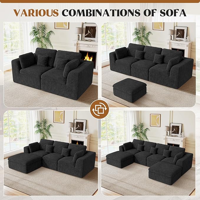 Loveseat Sofa, Cloud Boneless Couches for Living Room, 2 Seater Modular Sectional Sofa,Oversized,Black Chenille