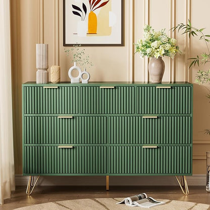Dresser for Bedroom, Fluted Modern Dresser with Gold Pulls and 7 Drawers, 15.7" D x 47.2" W x 31.4" H, Green