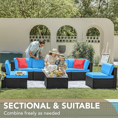 Devoko 7 Pieces Outdoor Sectional Sofa Patio Furniture Sets Manual Weaving Wicker Rattan Patio Conversation Sets with Cushion and Glass Table (Blue)