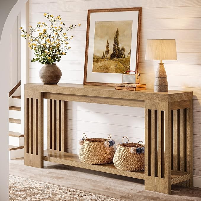 Tribesigns 70.9-Inch Extra Long Entryway Table, Farmhouse Sofa Console Table with Vertical Stripe Legs, 2-Tier Entry Furniture for Living Room, Hallway, Entrance (Light Brown)