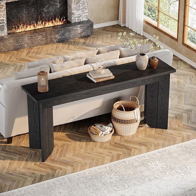 Tribesigns Farmhouse Console Table, 70.9-Inch Extra Long Console Table, Wood Sofa Table Behind Couch with Widened Tabletop & Sturdy Double Pedestal for Living Room, Hallway, Foyer (Black)