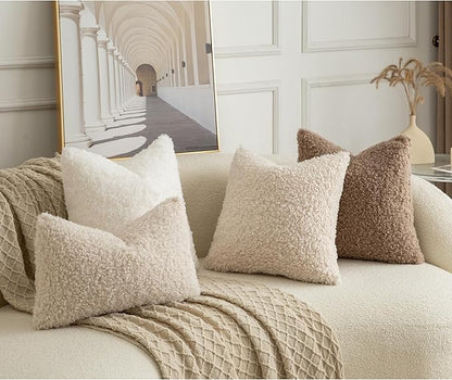 Pack of 2 Curly Teddy Wool Faux Fur Throw Pillow Covers Fuzzy Accent Soft Sherpa Pillowcases Sheepskin Fleece Decorative Cushion Case for Sofa Couch Living Room 20x20 Inch Neutral White