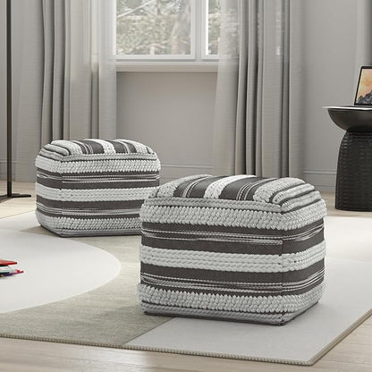 SIMPLIHOME Sommer Boho Square Pouf in Natural/Taupe Grey Handloom Woven Pattern for the Living Room, Bedroom and Kids Room