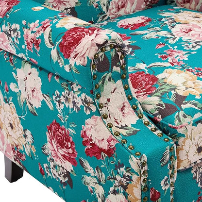 Pia Ricco Set of 2 Floral Accent Chairs, High Back Upholstered Armchairs with Retro Wingback Design, Nailhead Trim & Solid Wood Legs for Living Room Bedroom(Peacock Blue)