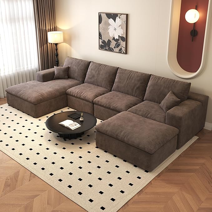 136.6'' U-Shaped Modern Modular Sectional Cloud Couch Whit Ottoman, 4-Seat Chenille Deep-Seat Sofa with Pillow for Living Room, Bedroom, Apartment, Camel