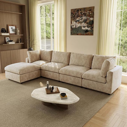 WJShome L Shaped Sectional Couch 134 Inch 4-Seater Modern Modular Sofa with Ottoman,Chenille Deep Seat Couches for Living Room, Bedroom and Apartment，Khaki