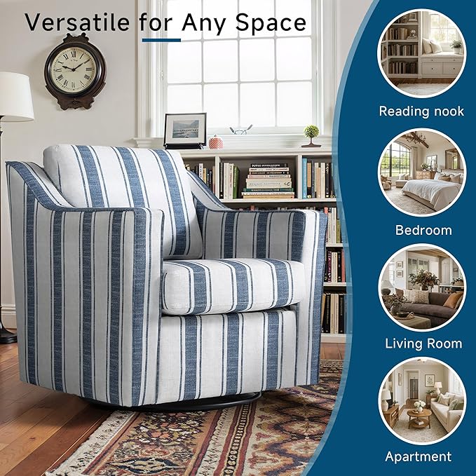 Pia Ricco Set of 2 Oversized Modern Striped Fabric Swivel Accent Chairs with Removable Covers, Living Room Reception Set,Navy