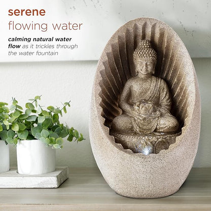 Alpine Corporation WIN322 Indoor/Outdoor Tabletop Buddha Fountain with LED Lights, Soothing Buddha Garden Fountain 11", Beige