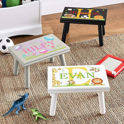 Let’s Make Memories Personalized My Own Name Step Stool - Children’s Step Stool - Sturdy Wood – Non-Toxic Paint, Sealer - Jungle Design - Gray - 14’Wx9.25”Lx8.75”H - Ages 3+