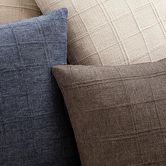 Foindtower Set of 2 Decorative Linen Check Throw Pillow Covers Neutral Farmhouse Vintage Cushion Covers Modern Boho Home Decor for Sofa Chair Couch Bedroom Living Room,16×16 Inch,Dark Brown