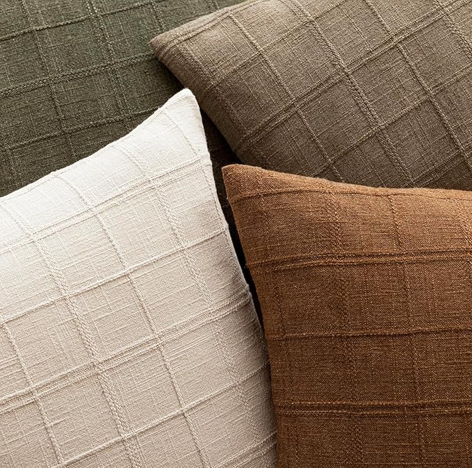 Foindtower Set of 2 Decorative Linen Check Throw Pillow Covers Neutral Farmhouse Vintage Cushion Covers Modern Boho Home Decor for Sofa Chair Couch Bedroom Living Room,16×16 Inch,Light Brown