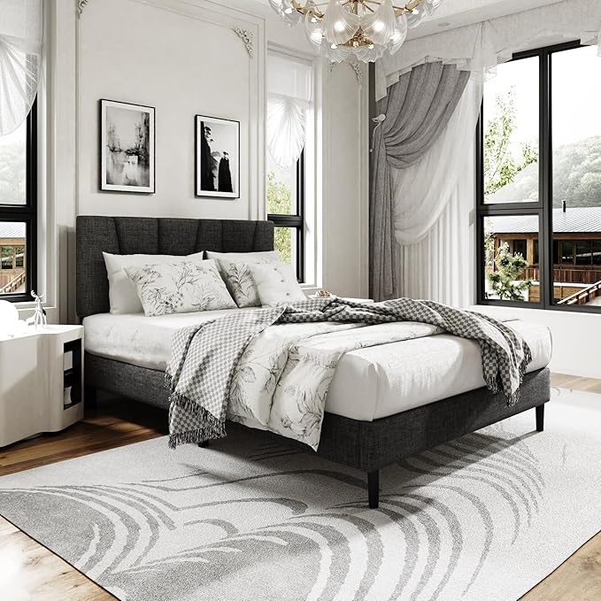 Full Size Platform Bed Frame with Modern Upholstered Headboard, Wooden Slats Support, Noise Free, No Box Spring Needed, Easy Assembly, Dark Grey, Linen