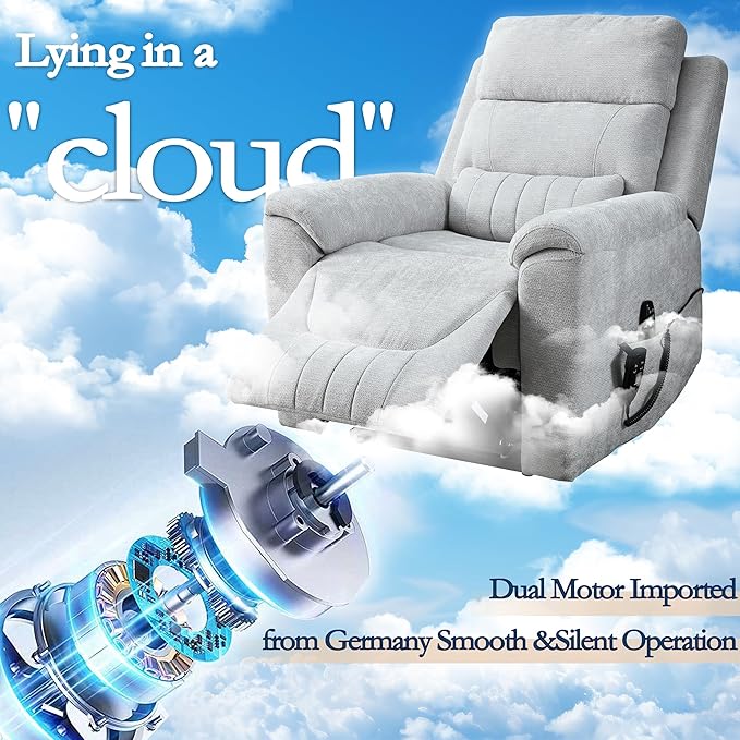 Power Lift Recliner Chair for Elderly People, Dual Motor Lay Flat Recliner with Vibration Massage and Heat, Heavy Duty Motion Mechanism Standing Assistance Reclining Chair, Chenille Fabric Light Gray