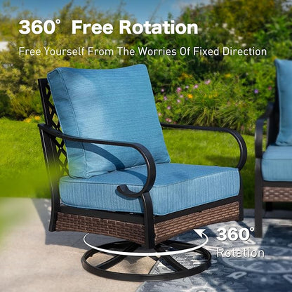 6 Piece Metal Outdoor Patio Furniture Set - 1 3-Seater Sofa, 2 Fixed & 2 Swivel Sofas with 5.75" Thick Cushion & Coffee Table - Black & Blue
