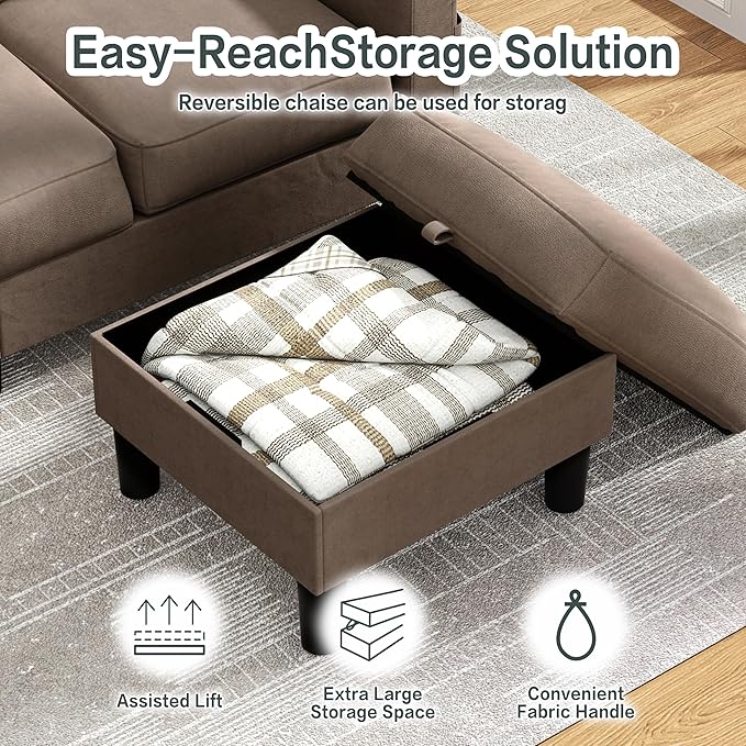 JY QAQA Convertible Sectional Sofa Couch with 3-Seat Sofa, L-Shaped Ottoman Couch with Modern Linen Fabric for Small Living Room, Apartment and Small Space(Brown)