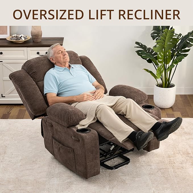 Dual Motor Power Lift Recliner Chair for Elderly, Large Electric Lift Recliner with Massage and Heat, Cup Holders, Side Pocket, Fabric(Brown)
