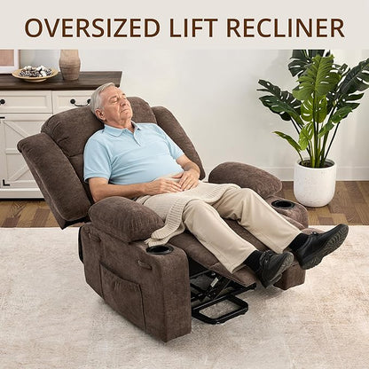 Dual Motor Power Lift Recliner Chair for Elderly, Large Electric Lift Recliner with Massage and Heat, Cup Holders, Side Pocket, Fabric(Brown)