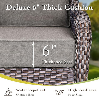 Luxury High Back Outdoor Furniture with 6-inch Extra Thick Cushions, Patio Furniture Set with Swivel Chairs, 10 PCS Wicker Conversation Set for Yard, Deck, Poolside, Brown/Grey