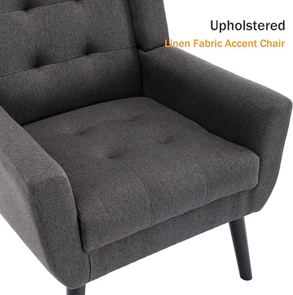 Dolonm Midcentury Modern Accent Chair with Arms, Upholstered Fabric Reading Side Chair Tufted Back Decorative Wingback Chair for Living Room Bedroom (Dark Grey)