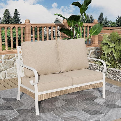 Patio Furniture Sofa, Love-Seat Patio Sofa Steel Frame Outdoor Sectional Couch with Deep Seating and 5.5” Cushions for Lawn Backyard Porch Deck, Beige
