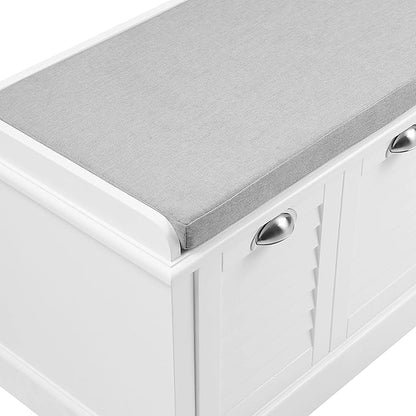 Crosley Furniture Ellison Entryway Storage Bench with Shoe Rack Organizer Drawer, White with Gray Cushion