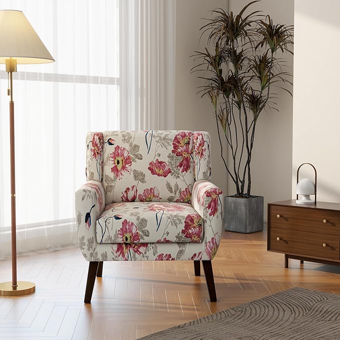 Accent Chair, Modern Linen Blend Arm Chair for Living Room, Bedroom, Comfy High-Resilient Sponge Reading Chair for Small Spaces (Pattern Pink Floral, Set of 1)