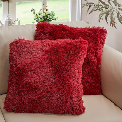 Cheer Collection Throw Pillows for Couch and Bed, Soft Shaggy Throw Pillows with Inserts Included, Cozy Long Hair Faux Fur Pillows - Set of 2-18" x 18" - Maroon