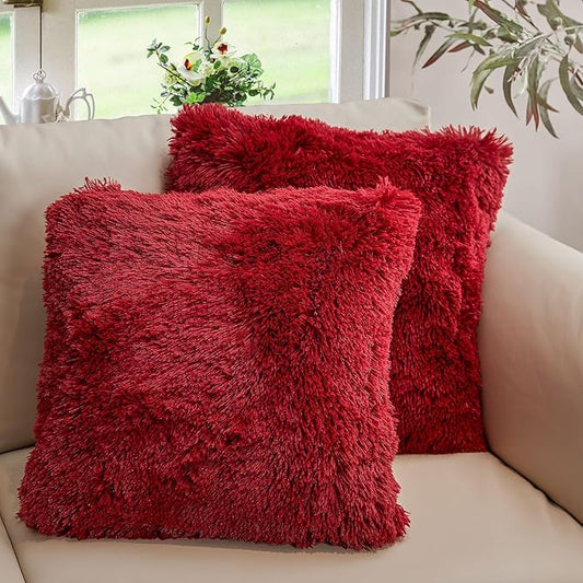 Cheer Collection Throw Pillows for Couch and Bed, Soft Shaggy Throw Pillows with Inserts Included, Cozy Long Hair Faux Fur Pillows - Set of 2-18" x 18" - Maroon