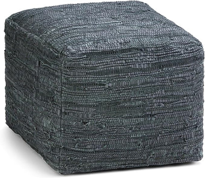 SIMPLIHOME Fredrik Boho Square Pouf in Grey Woven Genuine Leather for the Living Room, Bedroom and Kids Room