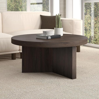 Henn&Hart 32" Fluted Round Low-Profile Coffee Table with Ribbed Pedestal Base Living Room, Family Room, Office, or Apartment, Alder Brown