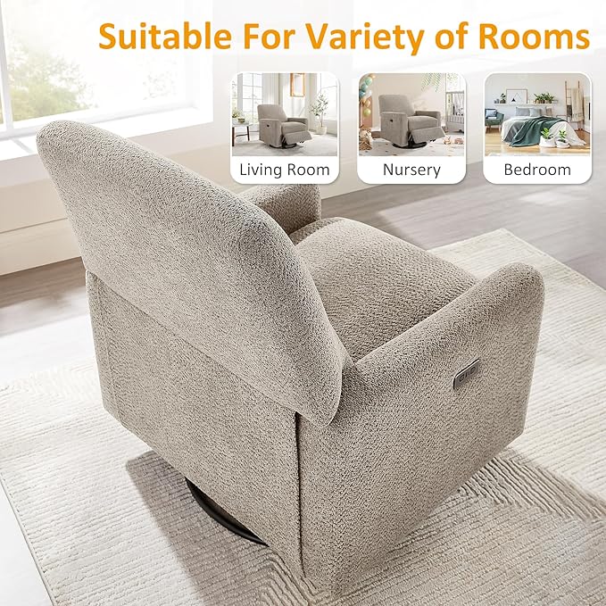 VANOMi Power Swivel Glider Recliner Chair, Electric Nursery Rocker Recliner Chair, USB & Type-C Charger, Warm Camel Boucle