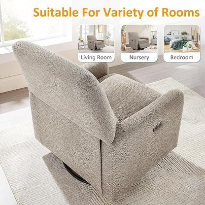 VANOMi Power Swivel Glider Recliner Chair, Electric Nursery Rocker Recliner Chair, USB & Type-C Charger, Warm Camel Boucle