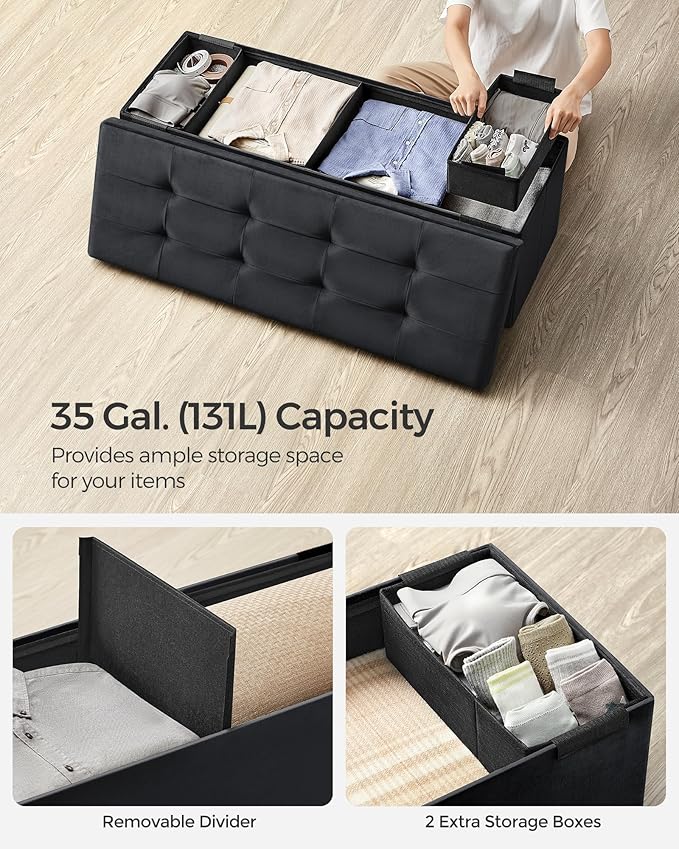 SONGMICS Mazie Collection - Storage Ottoman Bench, Foldable Foot Rest, 15 x 43 x 15 Inches, End of Bed Bench, Storage Chest, Load 660 lb, Living Room, Bedroom, Entryway, Ink Black ULSF277B01