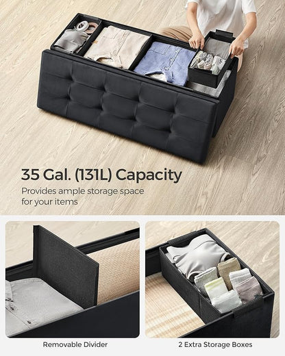 SONGMICS Mazie Collection - Storage Ottoman Bench, Foldable Foot Rest, 15 x 43 x 15 Inches, End of Bed Bench, Storage Chest, Load 660 lb, Living Room, Bedroom, Entryway, Ink Black ULSF277B01