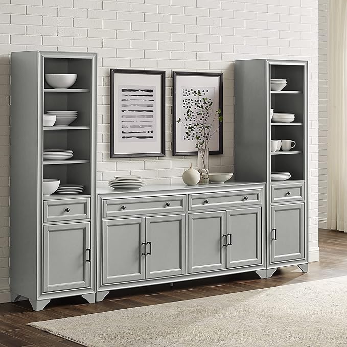 Crosley Furniture Tara 3-Piece Modern Farmhouse Sideboard Buffet Cabinet and Bookcase Set with Storage, Distressed Gray