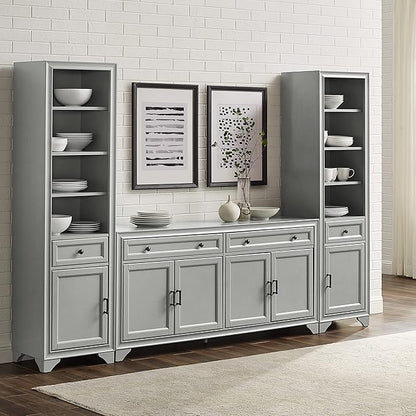Crosley Furniture Tara 3-Piece Modern Farmhouse Sideboard Buffet Cabinet and Bookcase Set with Storage, Distressed Gray